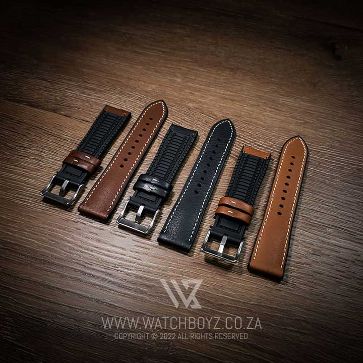 Hybrid Italian Leather & FKM Rubber Strap - (Coffee, Steel Hardware)