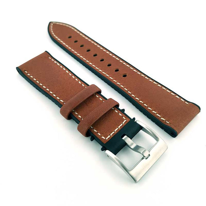 Hybrid Italian Leather & FKM Rubber Strap - (Brown, Steel Hardware)