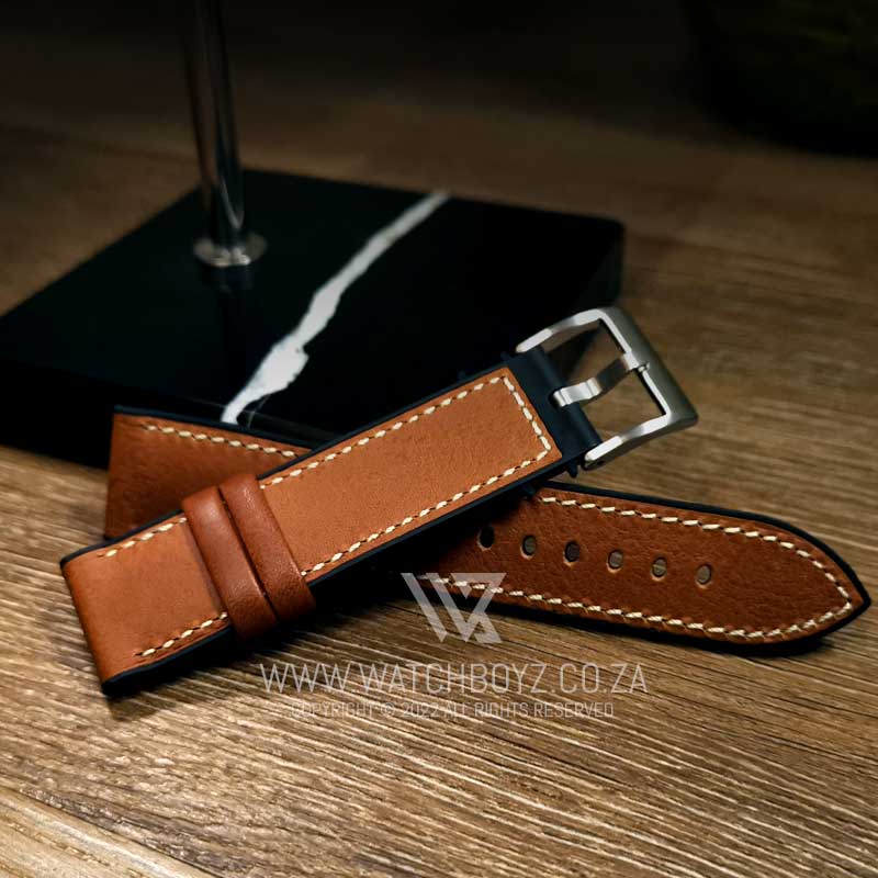 Hybrid Italian Leather & FKM Rubber Strap - (Brown, Steel Hardware)