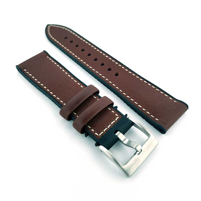 Hybrid Italian Leather & FKM Rubber Strap - (Coffee, Steel Hardware)